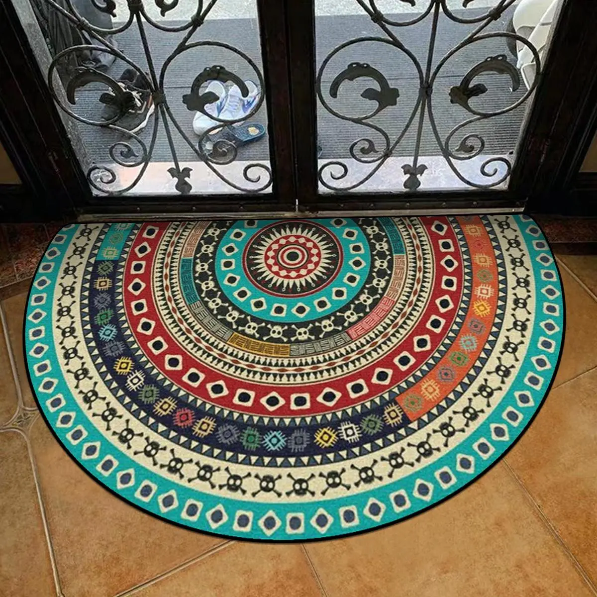 Bohemian Style Half Round Rug, Durable Easy Clean Entrance Mat, Indoor Outdoor Courtyard Decoration, Home Decor Carpet, Boho Style Rug, Home Decor Rugs