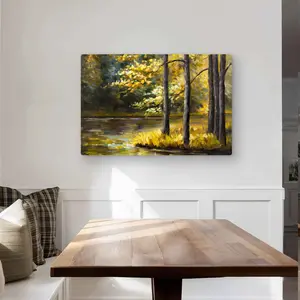 212 MAIN Contemporary Aluminium Decorative Metallic Print - 24x36 in Large Panel Landscape Painting Print, Vibrant Fall Forest Lakeside Water Scene with Foliage Reflections, Home Wall Decor, Decorative Metallic Prints, Forest Themed Prints