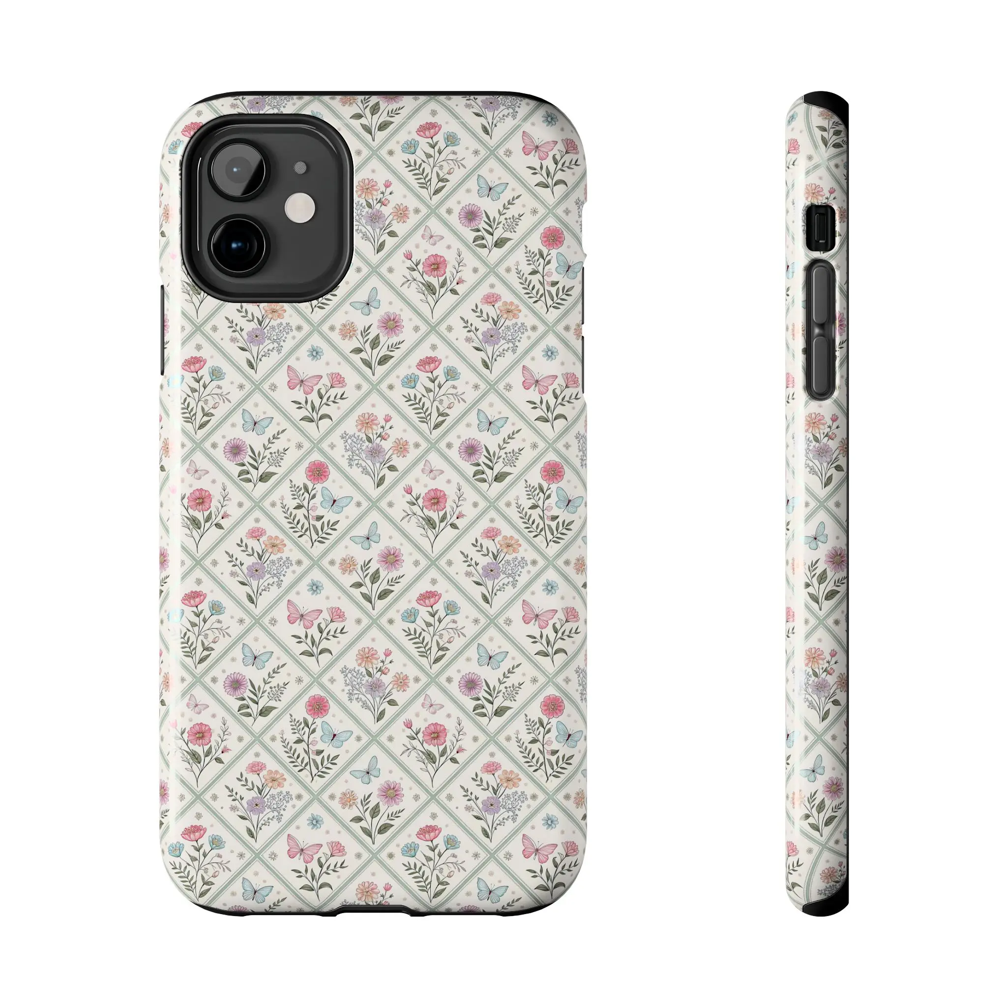 Vintage Diamond Floral Smartphone Case - Cute Butterfly Pastel Rose Pattern, Shock-proof Tough Shell, Glossy Finish, Wireless Protection, Handheld Accessory with Cloth for iPhone 11,12,13,14,15,16,17 Pro Max, Garden-themed Gift, Resistance, Accessories