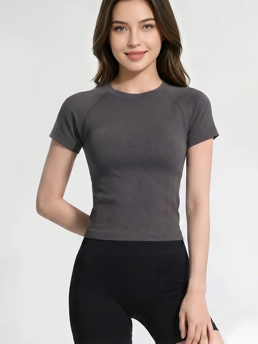 Solid Sports Tee Set Round Neck Slim Stretchy Ideal for Yoga Gym Workouts Women's Athletic Wear Sporty Style Clothes gym shirts workout tops oversized gym shirts Fitness Outfit,summerwins