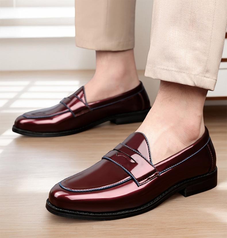 Men's Contrast Stitch Penny Loafers, Glossy Slip-On Formal Dress Shoes8662
