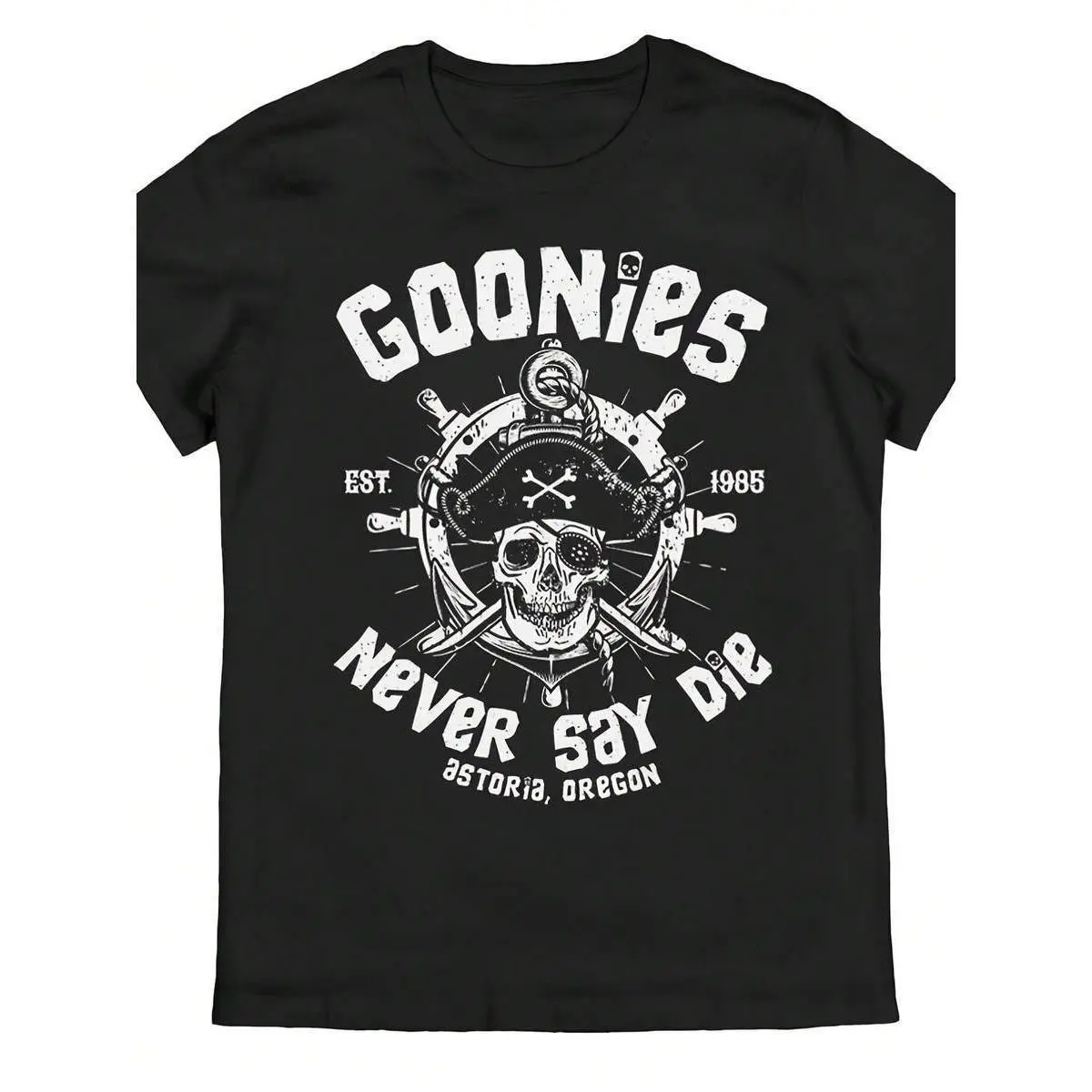 Never Say Die Retro Tee 1985 Vintage Cotton T-Shirt with Skull & Crossbones for Y2K Streetwear, Casual Comfort & Movie Fan Fashion