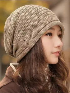 Women's Striped Bohemian Style Winter Knit Hat, Acrylic Material, Perfect for Street Parties & Daily Wear, Warm & Stylish Design