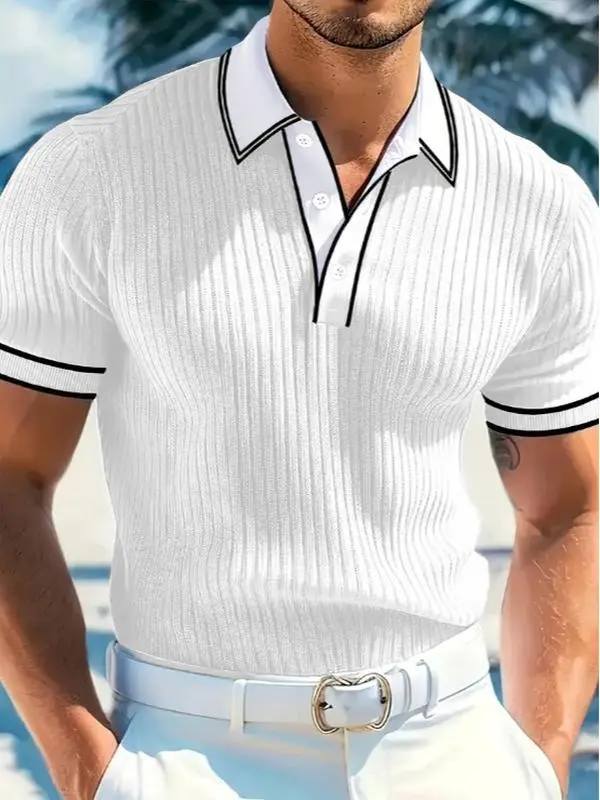 PHEFEE Men's Retro Polo Shirt, Ribbed Knit Muscle Fit Short Sleeve Top with Contrast Collar, Lightweight Menswear for Office, Party, Fabric, Garment Aesthetic Athletic Basic Casual Classic Day Dress Golf Loose Navy
