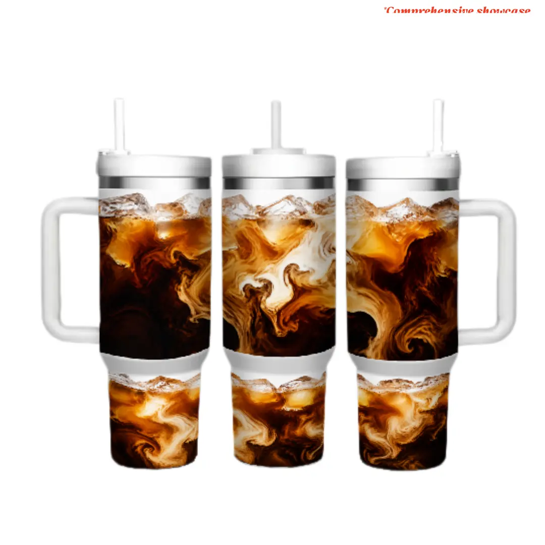 Stylish 40oz Brown Marble Reusable Coffee Tumbler - Stainless Steel Travel Mug with Handle and Straw, Double Wall Insulated for Hot and Cold, Abstract Coffee Swirl Design, Holiday Gift for Office Use, Coffeetumbler