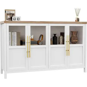 White 55 Inch Sideboard Buffet Cabinet with Four Glass Doors Large Modern Farmhouse Storage for Kitchen Dining and Living Room White