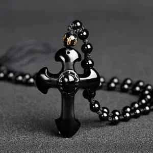 Obsidian Cross Lucky Amulet Pendant Necklace Black Protection Jewelry Unisex Gift