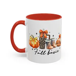 Fall Basic Autumn Mug | 11oz/15oz Ceramic Coffee Cup | Cozy Fall Essentials Design | Pink, Red, Black, Light Blue, or Navy Handle & Interior