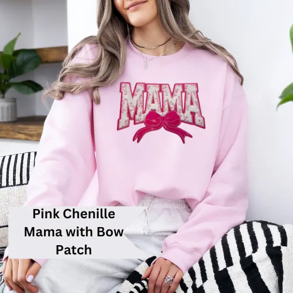 Chenille Pink Mama Patch Sweatshirt, Women Mom Sweatshirt Patch