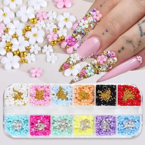 12 Color Flower Shaped Nail Art Decoration, 1 Box DIY Nail Accessories for Nail Art Decoration & DIY Crafts, Nail Decoration Kit for Women & Girls, Wedding Nails, Nail Art Supplies