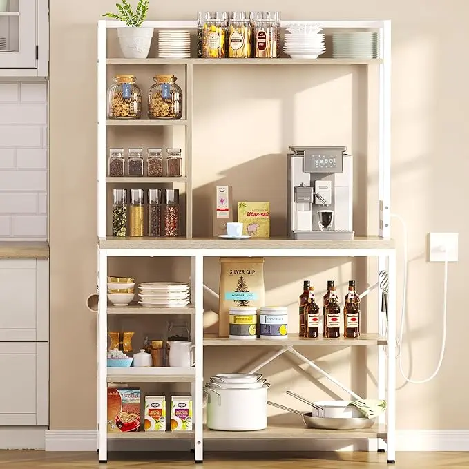 YITAHOME Microwave Stand Bakers Rack w Power Outlet, Coffee Bar Kitchen Freestanding Utility Storage Shelf for Pantry Appliance Spice Pot Pan Organizer w Thickened Counter 6 Hook 39"