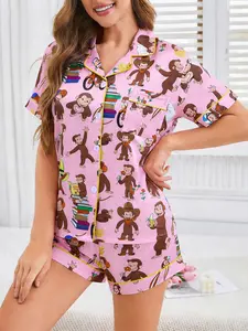 2 Piece Women's Matching Pajamas Set, Pjs, Womenswear, Pink Curious George Monkey Print Short Sleeve Sleepwear, Lapel Button Down Top with Pocket, Elastic Waist Shorts, Cute Cartoon Character Loungewear for All Seasons, Soft Comfy Daily Homewear