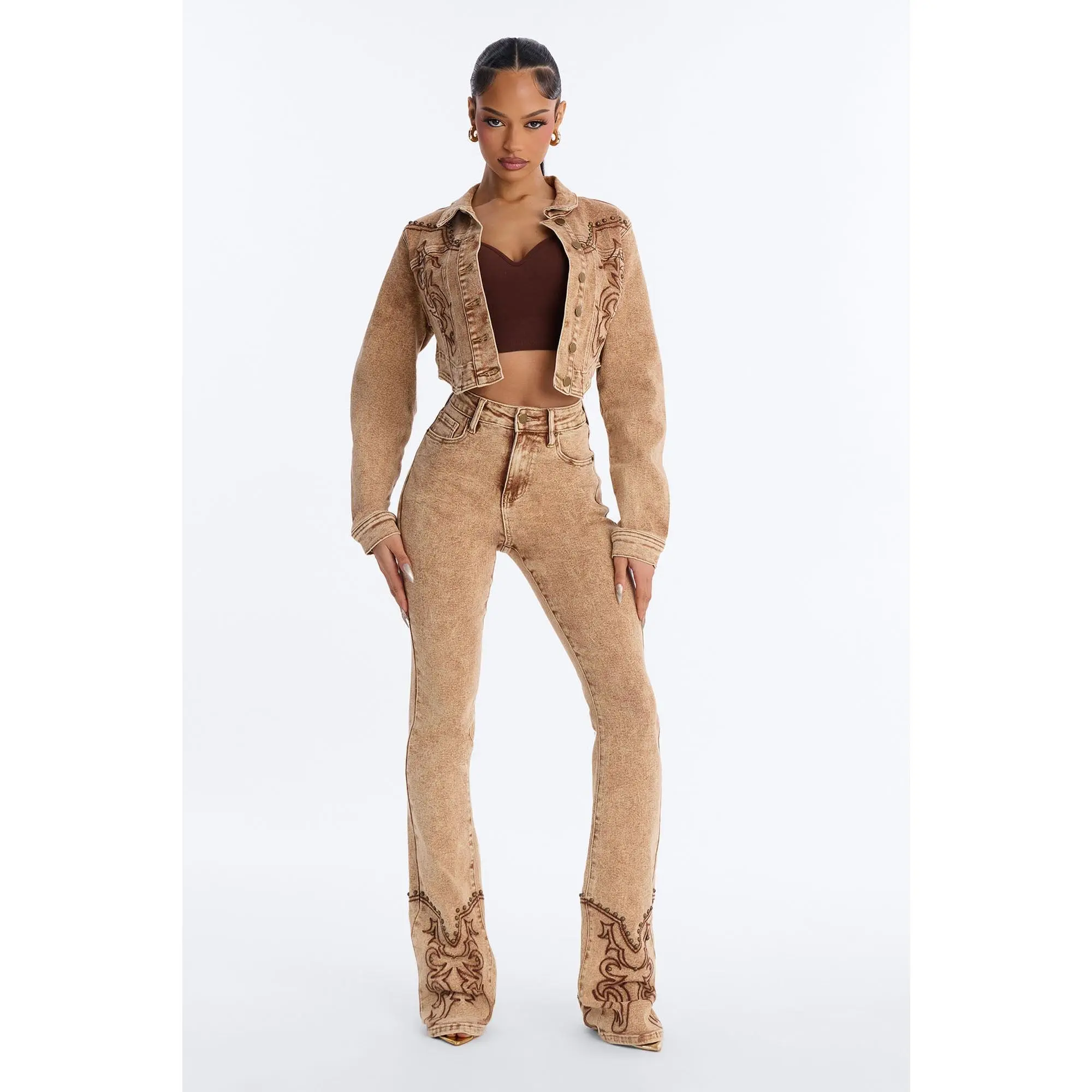 Letting It Ride Embellished Stretch Denim Jacket - Brown