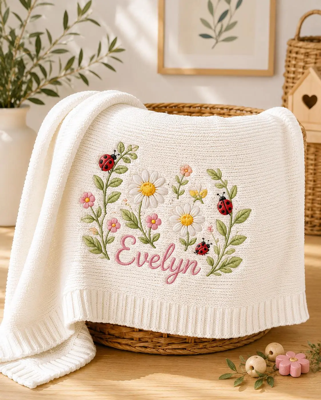 [Made-to-Order] Personalized Embroidered Daisy Ladybug Baby Blanket, Custom Knit Baby Blanket with Name for Newborn, Floral Nursery Gift, Newborn Keepsake Gift
