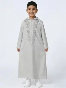 Boys' Geometric Embroidered Hooded Robe, Modest Modern Ethnic Style Daily Dress, Casual Wear, Comfortable and Stylish, Versatile, Kids Clothing