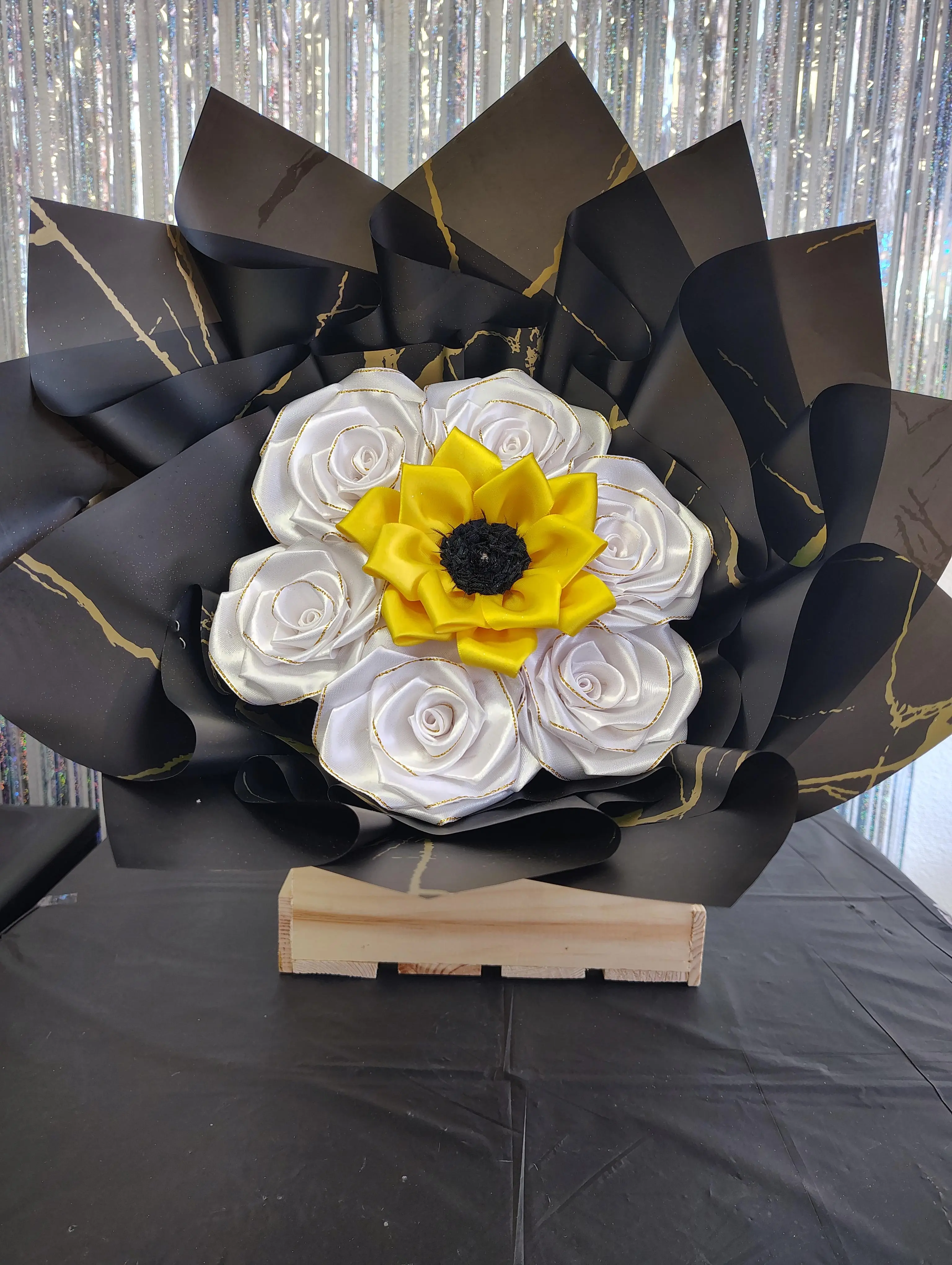 Satin Roses and Sunflower Bouquet