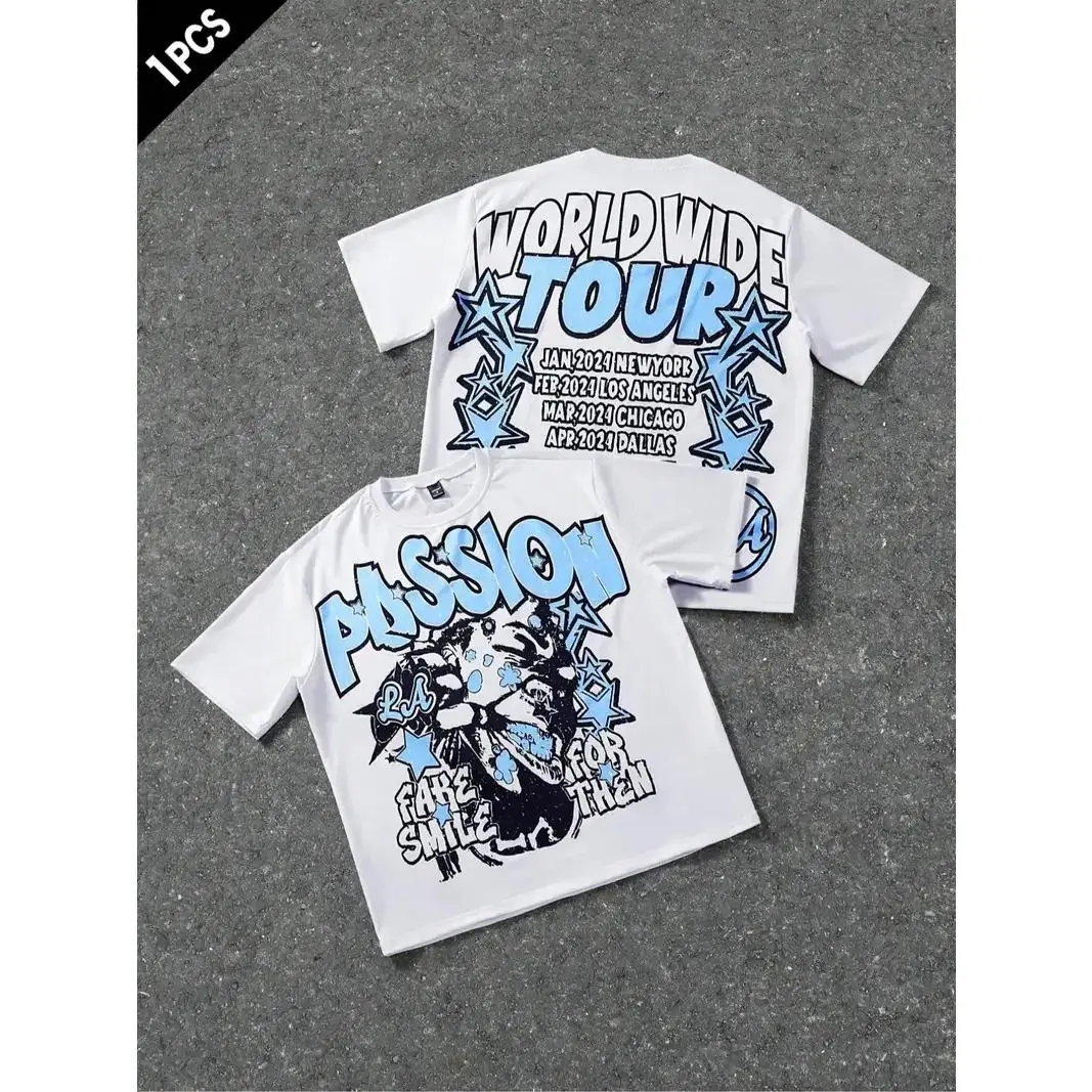 Viral "Worldwide Tour"  T-Shirt | White Blue Oversized Streetwear Cotton T-Shirt | Trendy Men's Y2K Retro Concert Aesthetic  | "Fake For Then Smile" Quote Print | Comfort Soft Fabric Daily/Concert/Street Style Top | good graphic tees