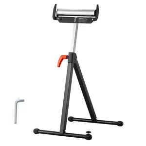 Roller Stand, 250 lb Load Capacity, 27 in-43 in Adjustable Height, Folding Heavy Duty with Edge Guides & 11.5 in Polished Steel Roller Head, for Table Saw Outfeed Woodworking Extension Support