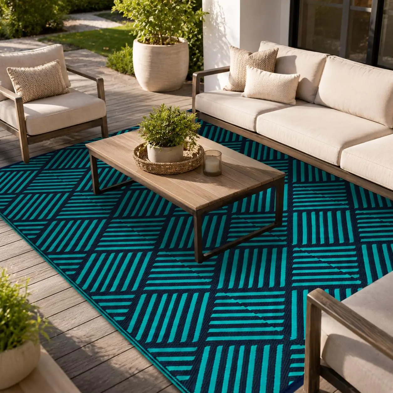 GAOMON Outdoor Rug 5'X8' Waterproof Patio Mat, Foldable PP Tube Woven Area Rug, Modern Striped Design, Plastic Straw Rug, for Backyard, Beach, Camping, Picnic,Cyan&Black