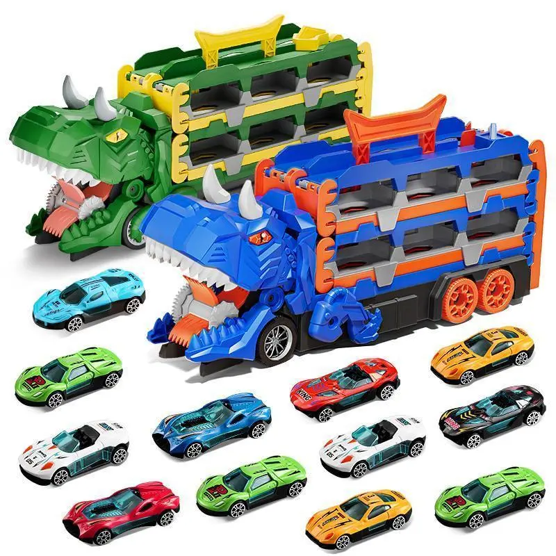 Foldable Transforming Dinosaur Toy Trucks Set - 12 Die-Cast Metal Vehicles, Glide-Forward Function, Car Track, Transport Carrier, High-Quality Design, Ideal Birthday/Christmas Gift for 6-8 Year-Olds