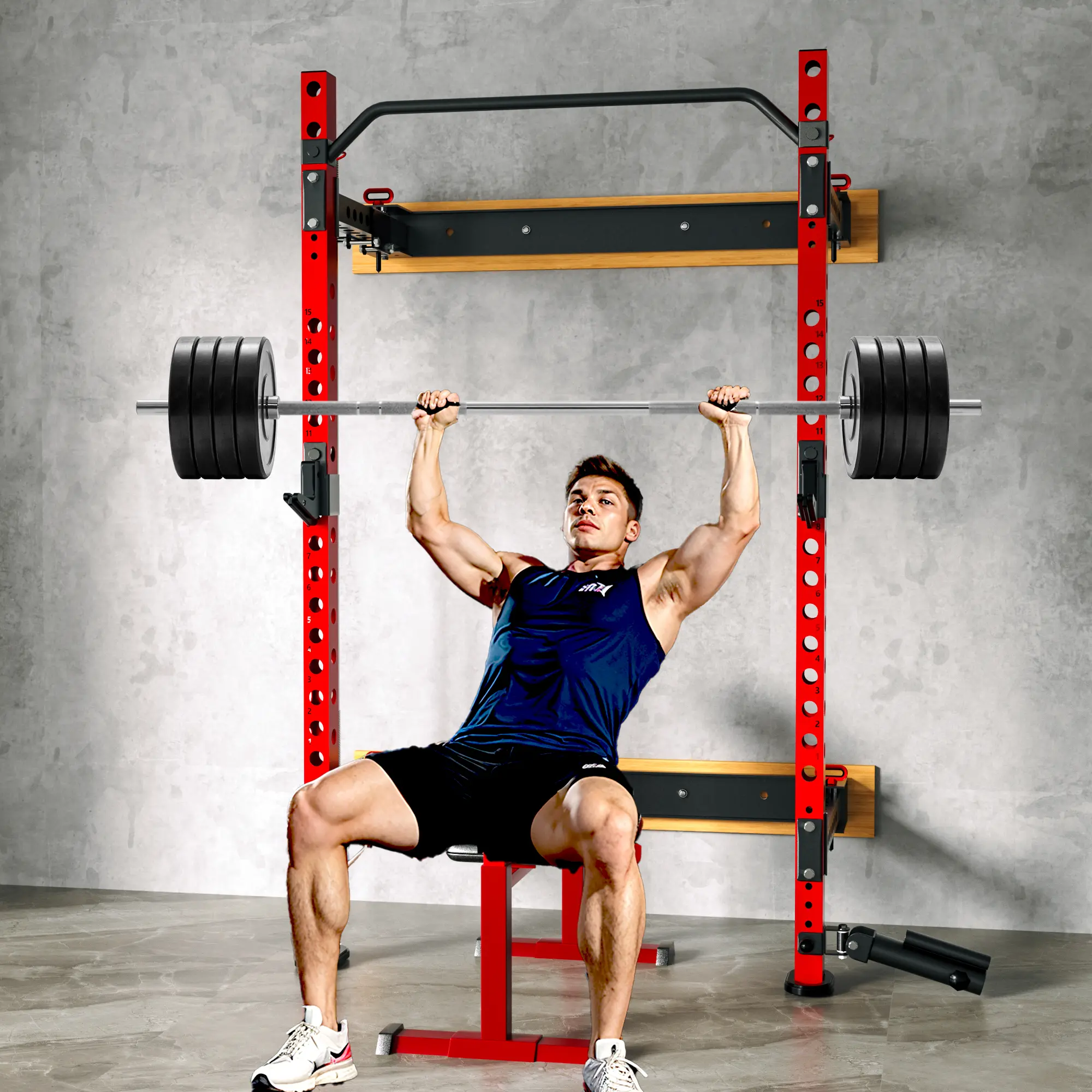 2" x 2" Folding Wall Mounted Squat Rack, 1100 Pounds Capacity Power Rack with Pull Up Bar, J Hooks and Other Attachments, Space-Saving Home Gym