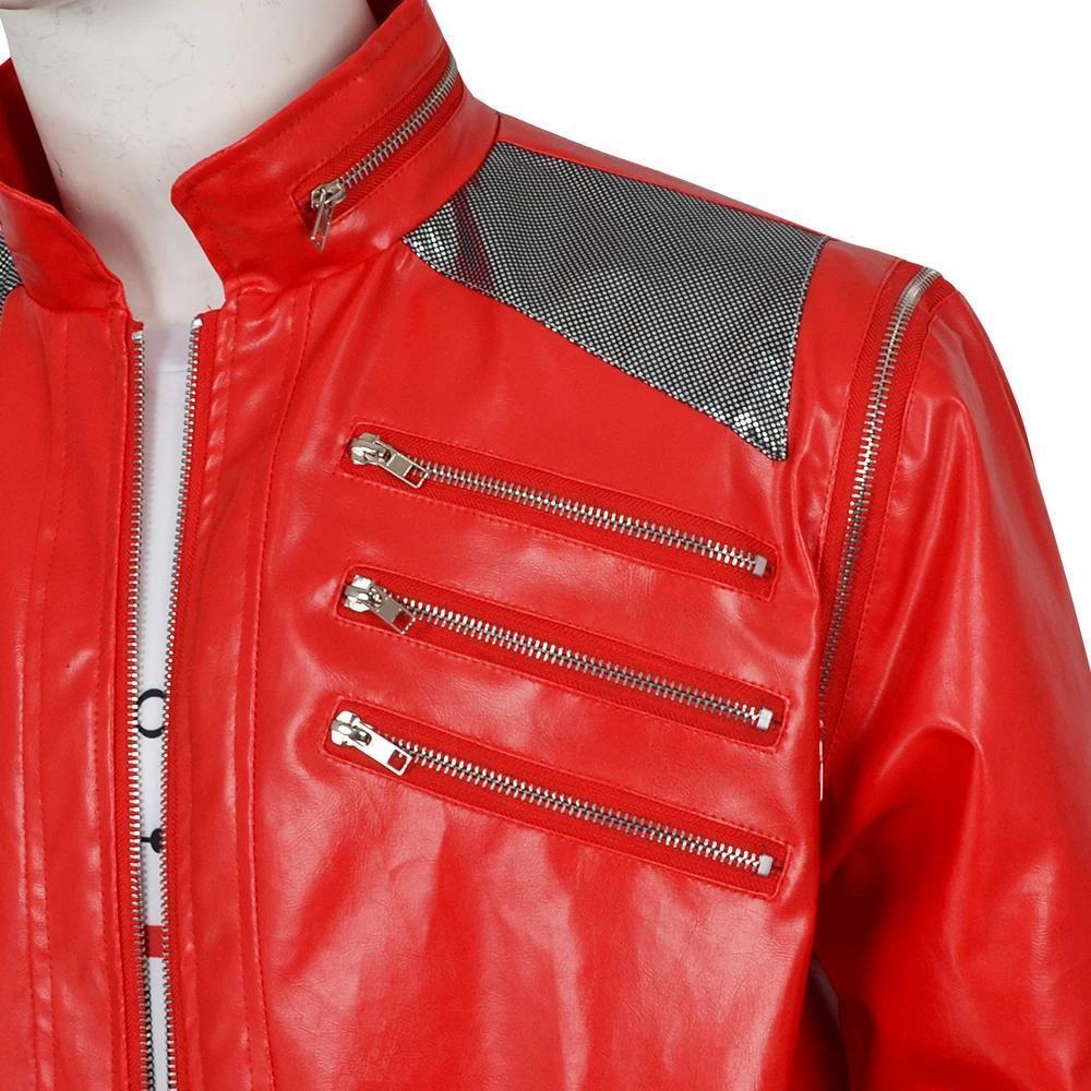 Punk Michael Jackson Red Jacket Cosplay Costume Men Classic Beat It Stage Outfit Shoulder Mesh Multiple Zipper Details
