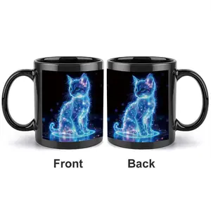 1pc 11oz Fluo Blue Cat Coffee Mug, Electric Blue Kitten Star Pattern, Durable & Stylish, Ideal Gift for Cat Lovers
