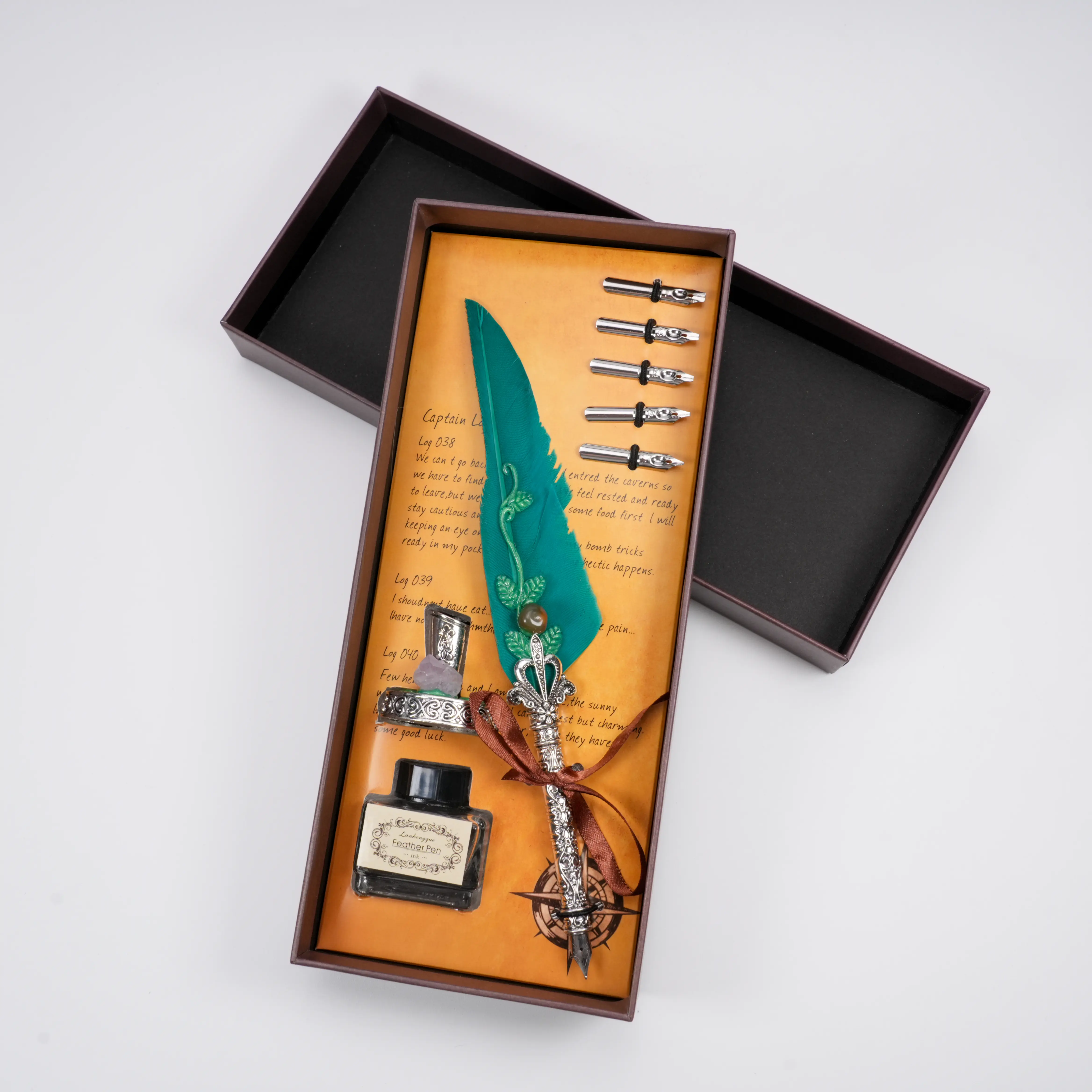 Elegant Feather Quill Set with Inkwell, Crystal Pen Cap, and Accessories in Luxury Gift Box