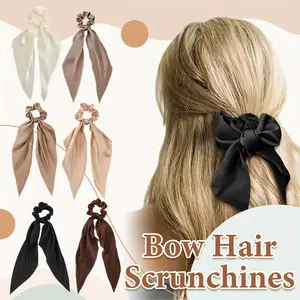 Pack of 6 Hair Scarf Scrunchies for Women - Satin Hair Ties Plain Hair Bobbles Solid Color Fabric Scrunchy Elastic Hair Ties with Bow Ponytail Holders