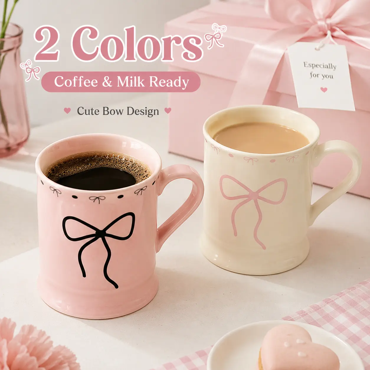 Pink Cream Bow Pattern Ceramic Coffee Mug 11.8oz Portable Washable Reusable Tumbler Cute Birthday  White Ceramic Cup Coffee Mug Sister  Boss  Coffee Lovers Cute Girly Drinkware bff gifts day design different type of cups kitchenware