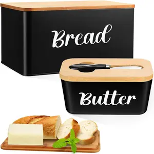2 Pcs Metal Bread Box and Butter Dish with Bamboo Cutting Board Lid, Large Bread Kitchen Storage Container Farmhouse Airtight Butter Holder with Stainless Steel Knife(Black)