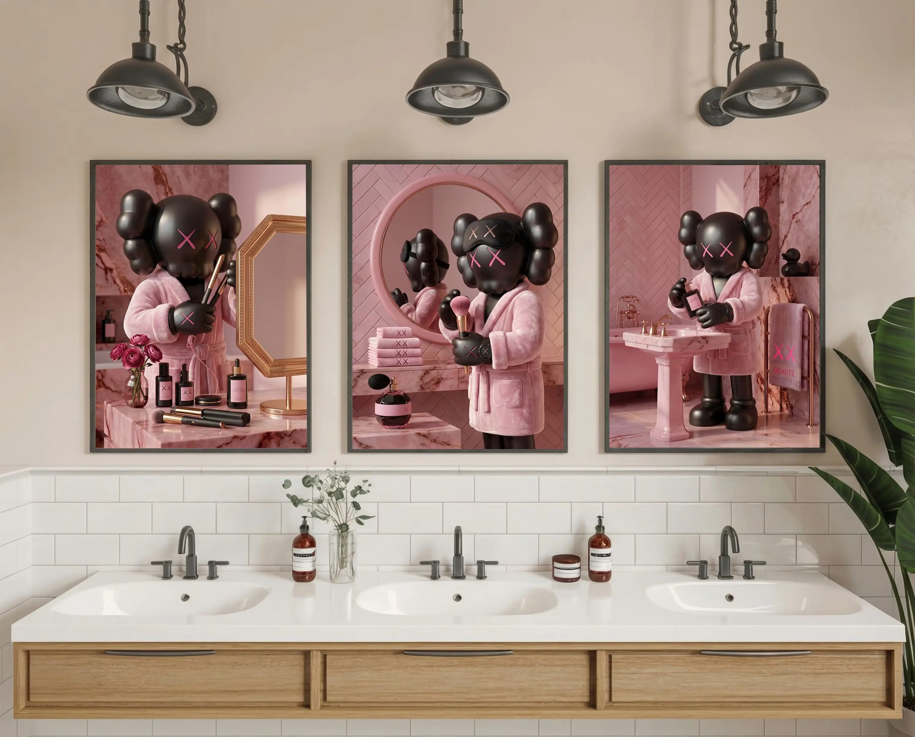 KAWS Bathroom Wall Art Set of 3 - Pink Hypebeast Glam Luxury Washroom Decor Posters & Prints
