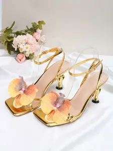 Women's high-heeled sandals with handcrafted flowers, elegant temperament, suitable for gatherings, dates, commuting, camping, as gifts, parties, comfortable, Ankle Strap Sandal