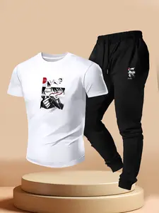 Anime Jujutsu Kaisen Sukuna Jack Fearless Print Set, Summer Anime Street Style Short Sleeve T-Shirt + Jogger Pants Two-Piece Set, Men's Dark Comic, Casual Daily Wear
