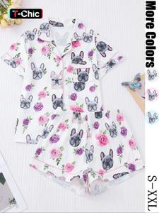 women's  dog and floral  print shirt & elastic waist shorts pyjama two-piece set, casual comfy short sleeve  top & shorts pj set, ladies sleepwear for all seasons
