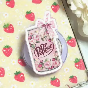 Pink Dr Floral Soda Pepper MagSafe Phone Grip: Cute Coquette Aesthetic Magnetic Phone Holder, Girly Soda Lover Gift, Phone or Kindle Popgrip