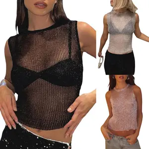 Charm Studio Women Sequin Glitter Tank Top Sleeveless See Through Knit Skinny Crop Top Sheer Mesh Hollow Out Sparekly T-Shirt Vest Polyester Short
