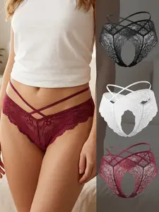 Women's Spring Summer Cross Lace Cutout Seamless Thong Panties, Sexy Pure Desire Style, Breathable Comfort Fit, 3 Pairs Set