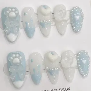 Vlune Nail Salon Bear & Bow Press-On Nails Fresh Mint Ivory 3D Adorable Decor with Bow and Paw Print Designs for Everyday Wear or Special Occasions