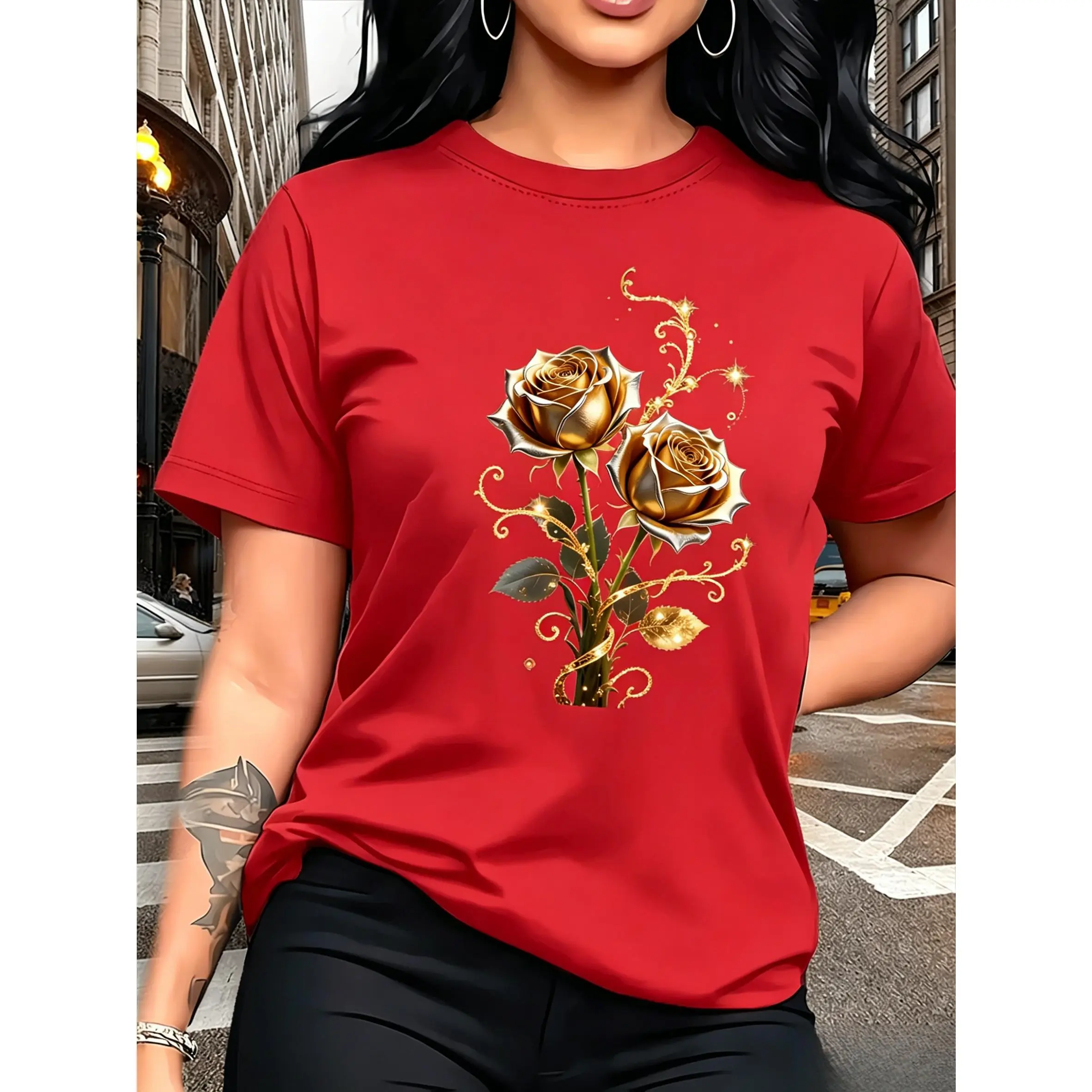 Gold Roses Graphic Print T-Shirt, Unisex 100% Cotton Streetwear Apparel with a Classic Fit and Short Sleeves, Shortsleeve, Casual, Basic, Smooth, Oversized, Printed, Top, Tshirt, True Size, Pure Cotton, Basic Look, All Seasons, Fabric, Digital Print