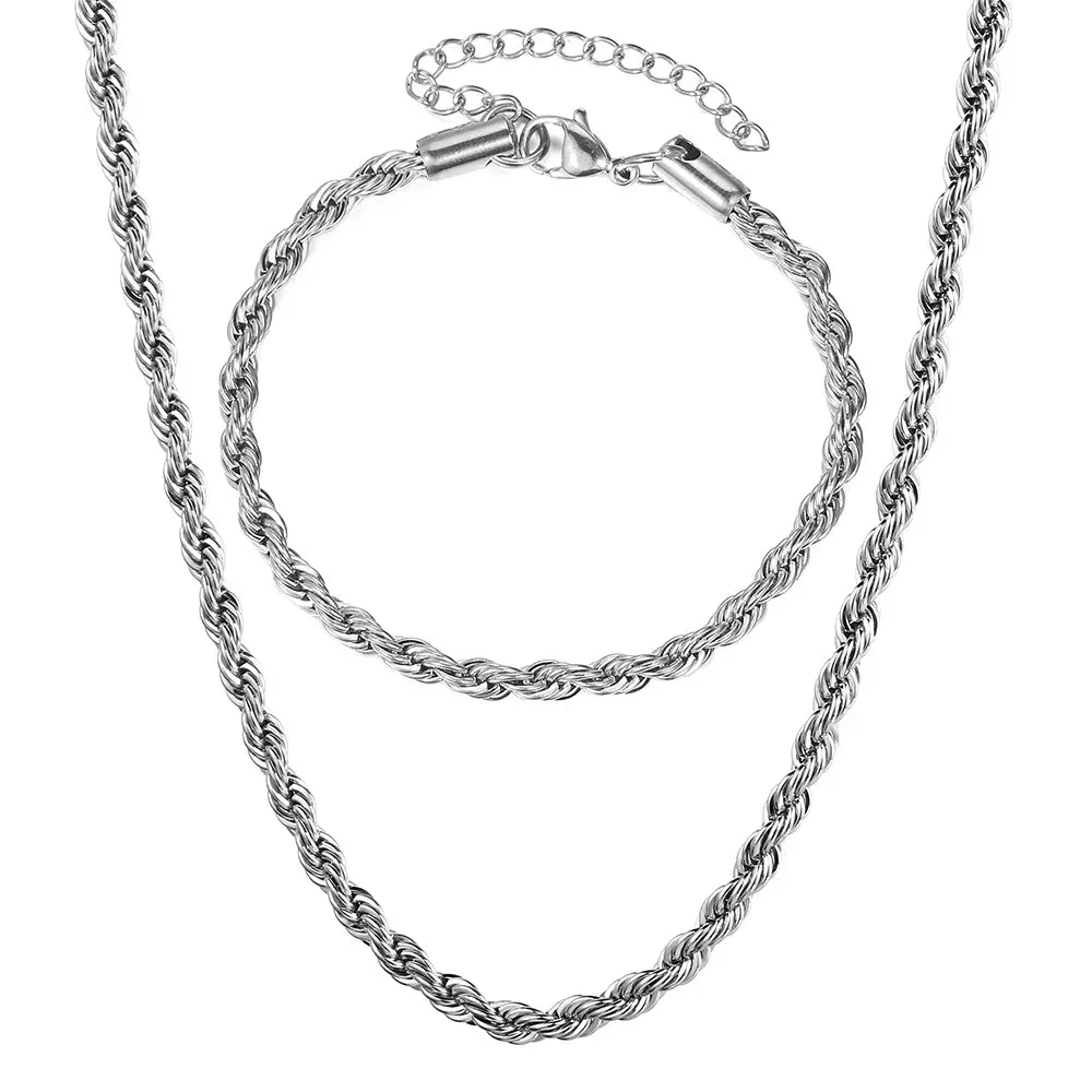 Hermah 3/5mm Stainless Steel Twisted Rope Chain Necklace Choker Bracelet Jewelry Set Silver Color For Men Women