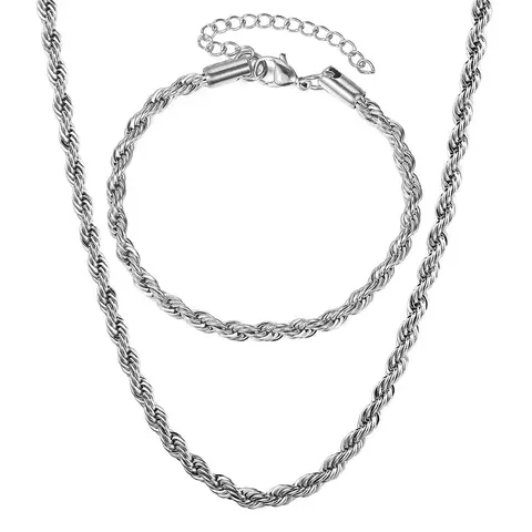 Hermah 3/5mm Stainless Steel Twisted Rope Chain Necklace Choker Bracelet Jewelry Set Silver Color For Men Women