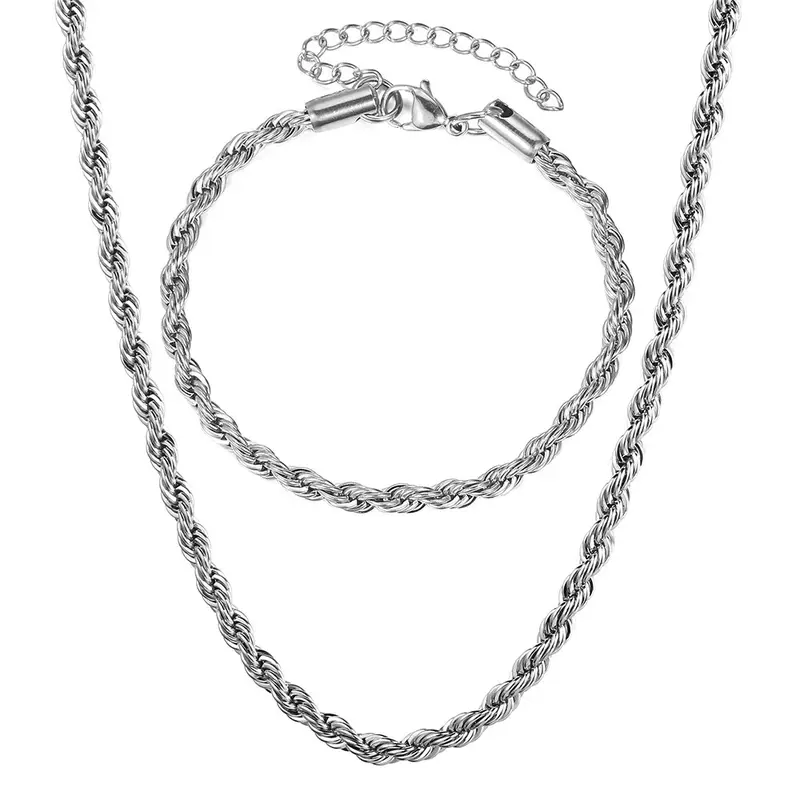 Hermah 3/5mm Stainless Steel Twisted Rope Chain Necklace Choker Bracelet Jewelry Set Silver Color For Men Women