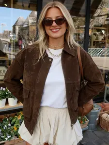 Suede Bomber Jacket Women's Jacket Spring Autumn 2026 Brown Coffee Outerwears Coats Casual Crop Long Sleeve Big Pockets Jacket Streetwear Looks & Weekend Hangouts Jackets