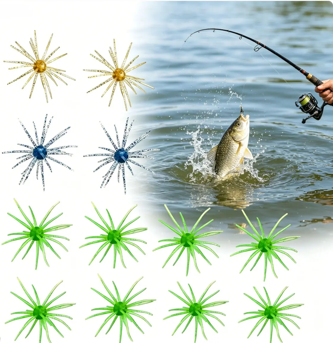 2026 New 12Pcs Sea Urchin-Shaped TPR Plastic Soft Fishing Lures, Glitter-Infused Topwater Artificial Baits, Easy-to-Rig Durable Multi-Species Lures for Lake, River Bass Trout Fishing