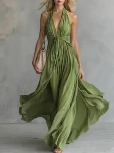 2026 New Arrival Women's Summer Sexy Solid Color V-Neck Sleeveless Waist-Cropped Dress, Trendy European Style, Perfect for Warm Weather
