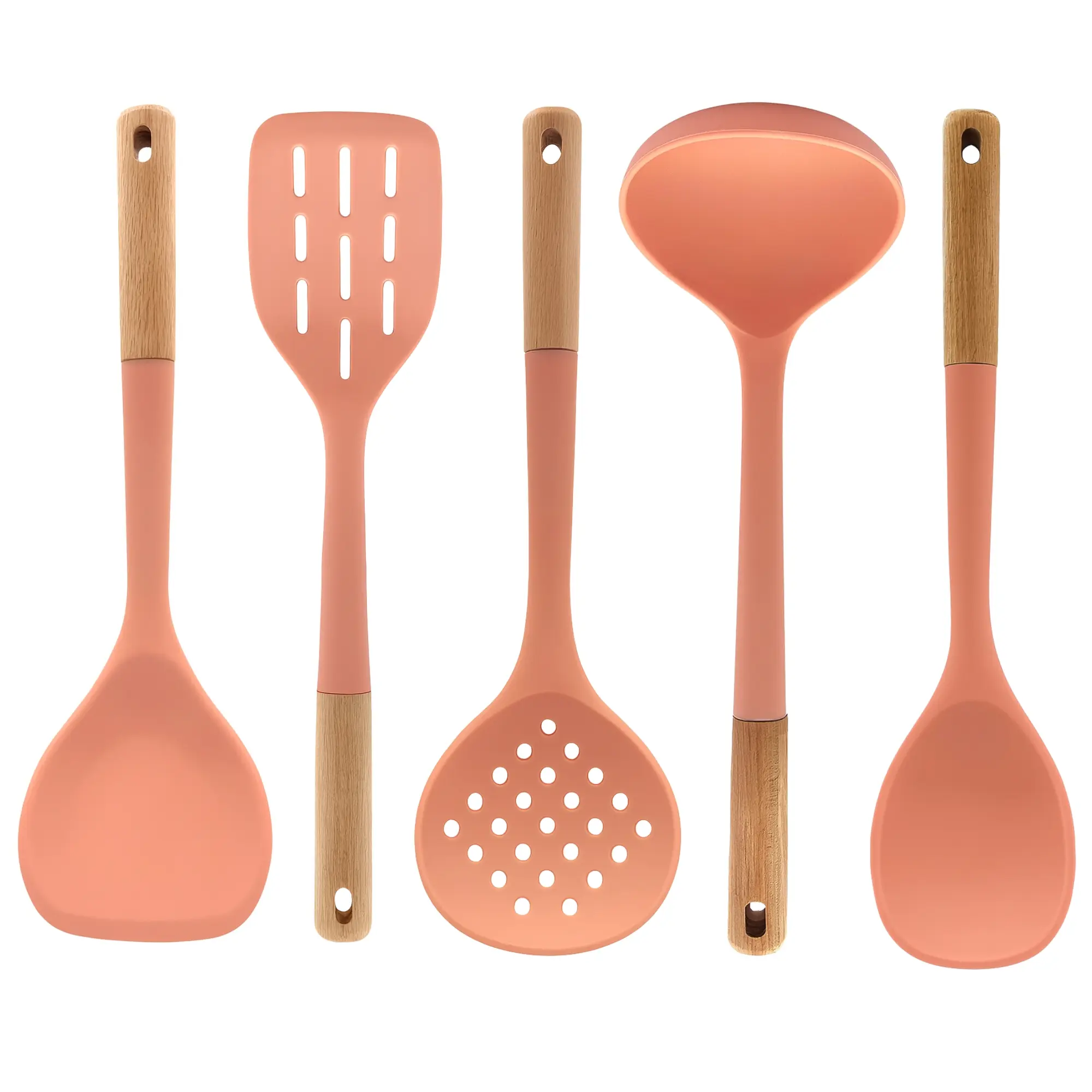 BEILLE Beech Wood & Silicone Kitchen Utensils Set Coral Peach 5-Piece Meal Prep Cooking Baking Supplies Home Essentials for Meal Prep Enthusiasts