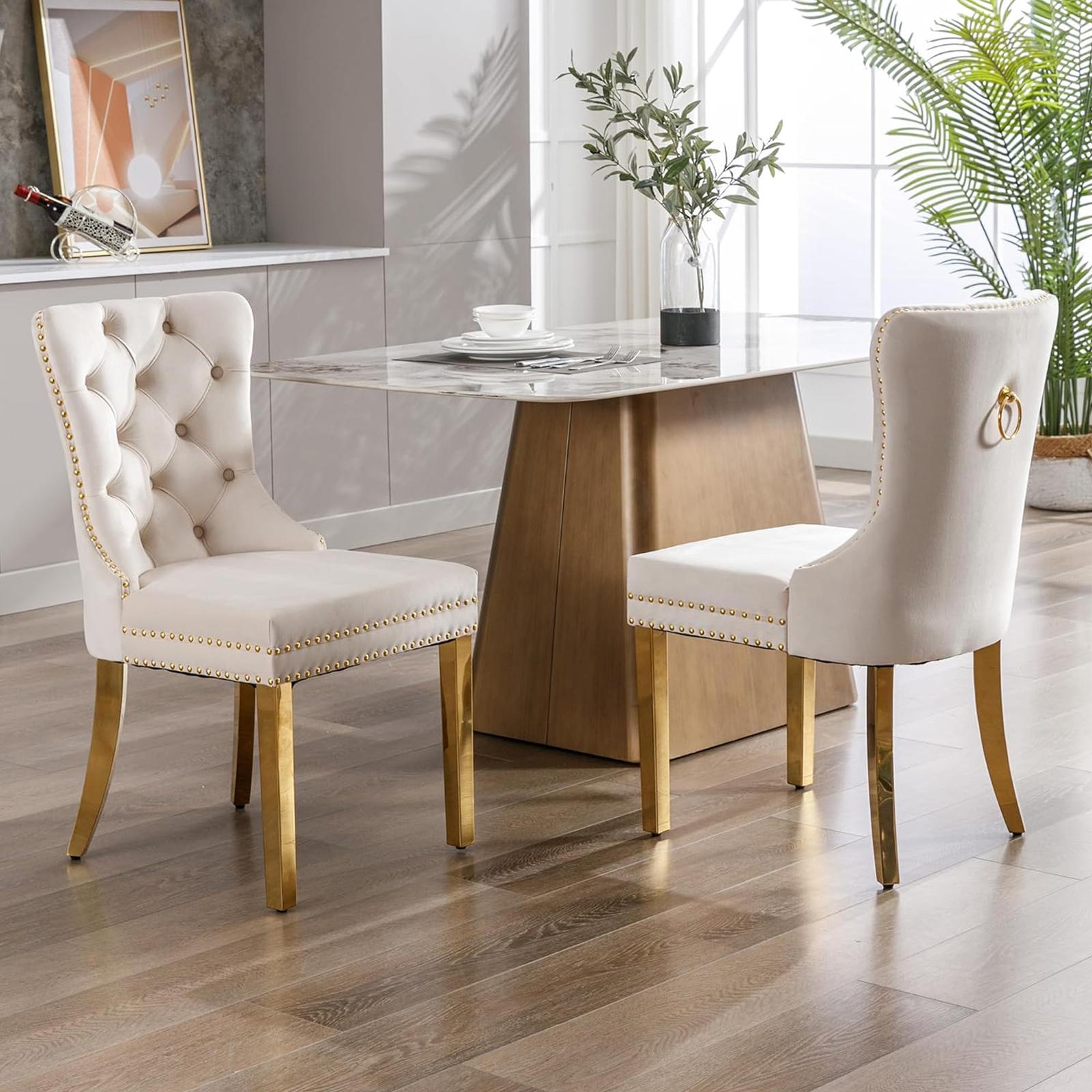 Dining Table Set for 6,Kitchen Table Chairs Set of 6,Modern Rectangular Dining Room Set 63" White Tempered Glass Top with Adjustable Stainless Steel Base,Velvet Upholstered Chairs,Golden Stainless Steel Plating Legs,Suitable for Dining Room,Office,Kitchen