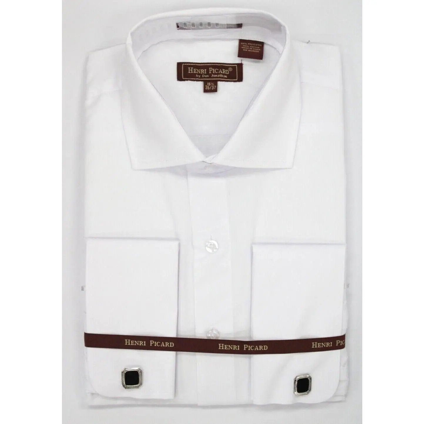 Men's Henri Picard Solid White Cotton Blend French Cuff Shirt with Cufflinks