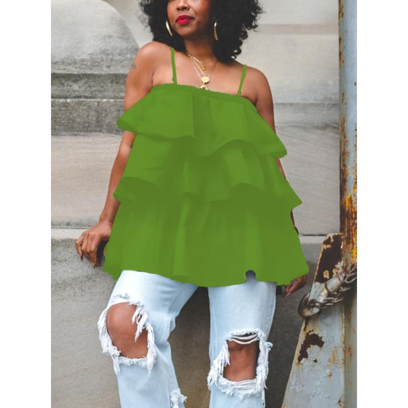 Elegant Plus Size Womens Sleeveless Tiered Ruffle Cami Top - White Layered Peplum Design, Non-Sheer Fabric, Hand Washable, Perfect for Casual or Chic Outfits, Versatile Layering Piece | Voluminous Blouse | Nonstretch Fabric